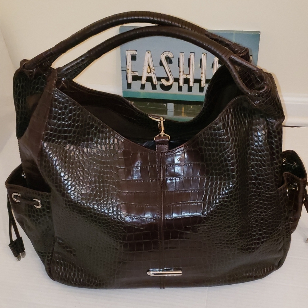 Via Spiga Brown Croc-Embossed Leather Shoulder Bag
